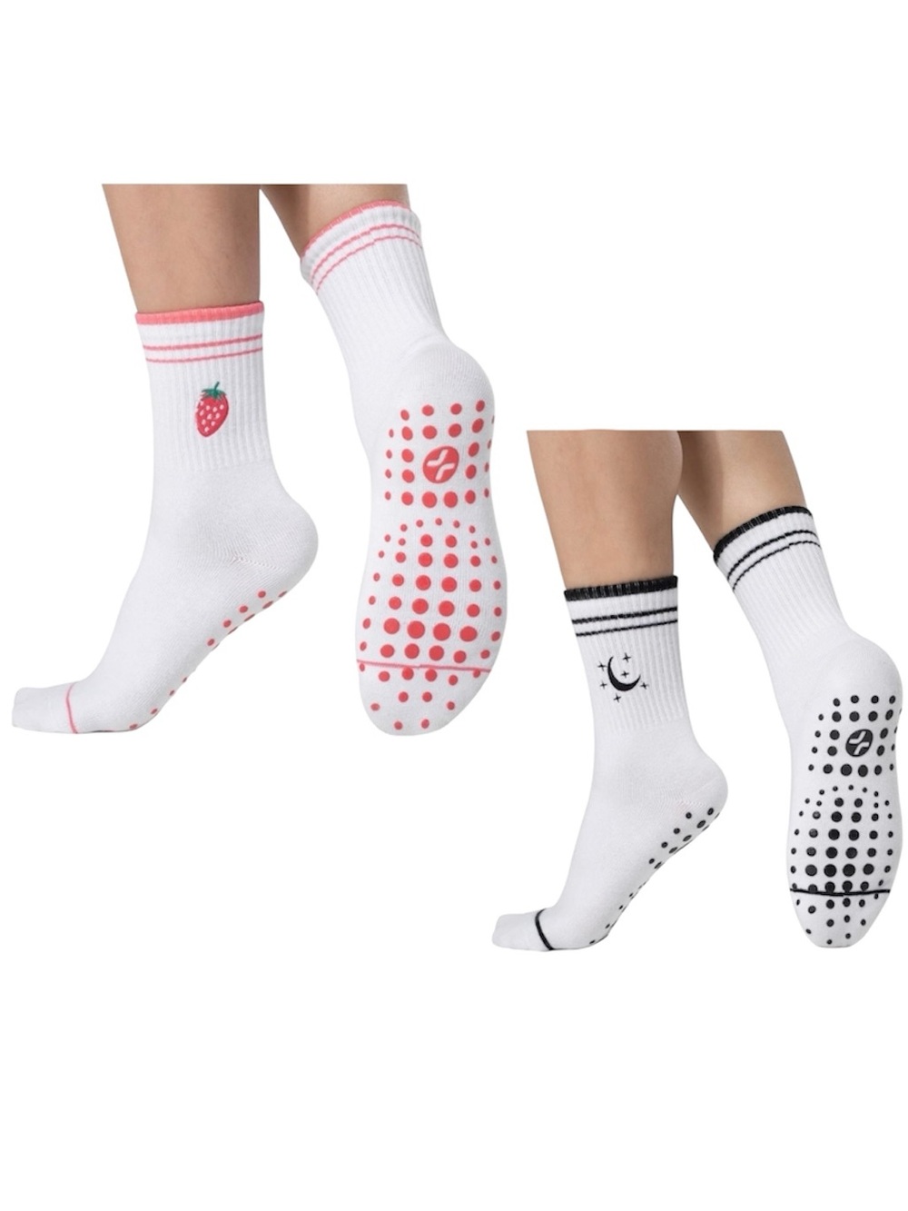 2x NEW Pairs of Embroidery Crew Yoga Socks Strawberry Moon Icon Pilates Socks